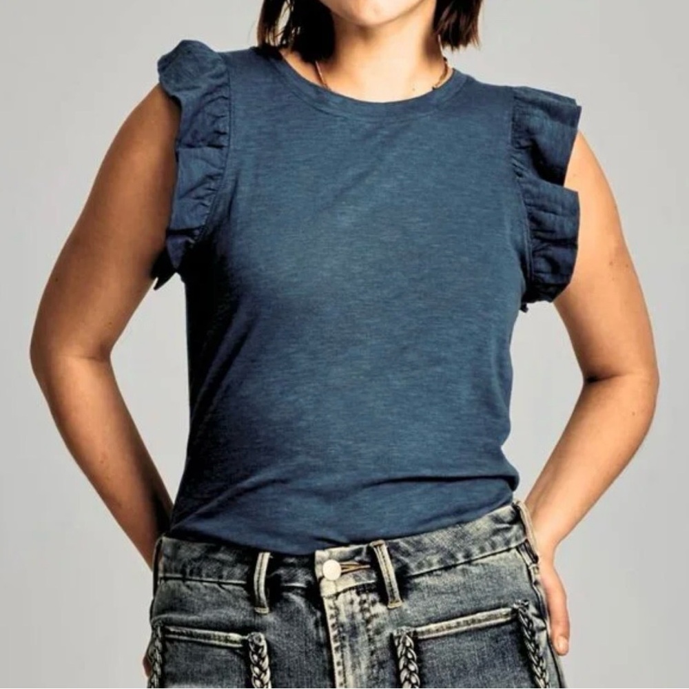 Ruffle Sleeve Crewneck Tank Top - Navy Blue